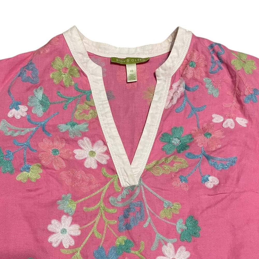 Sigrid Olsen Linen Floral Embroidered Tunic Pullover Spring Top Size XS - Picture 2 of 5